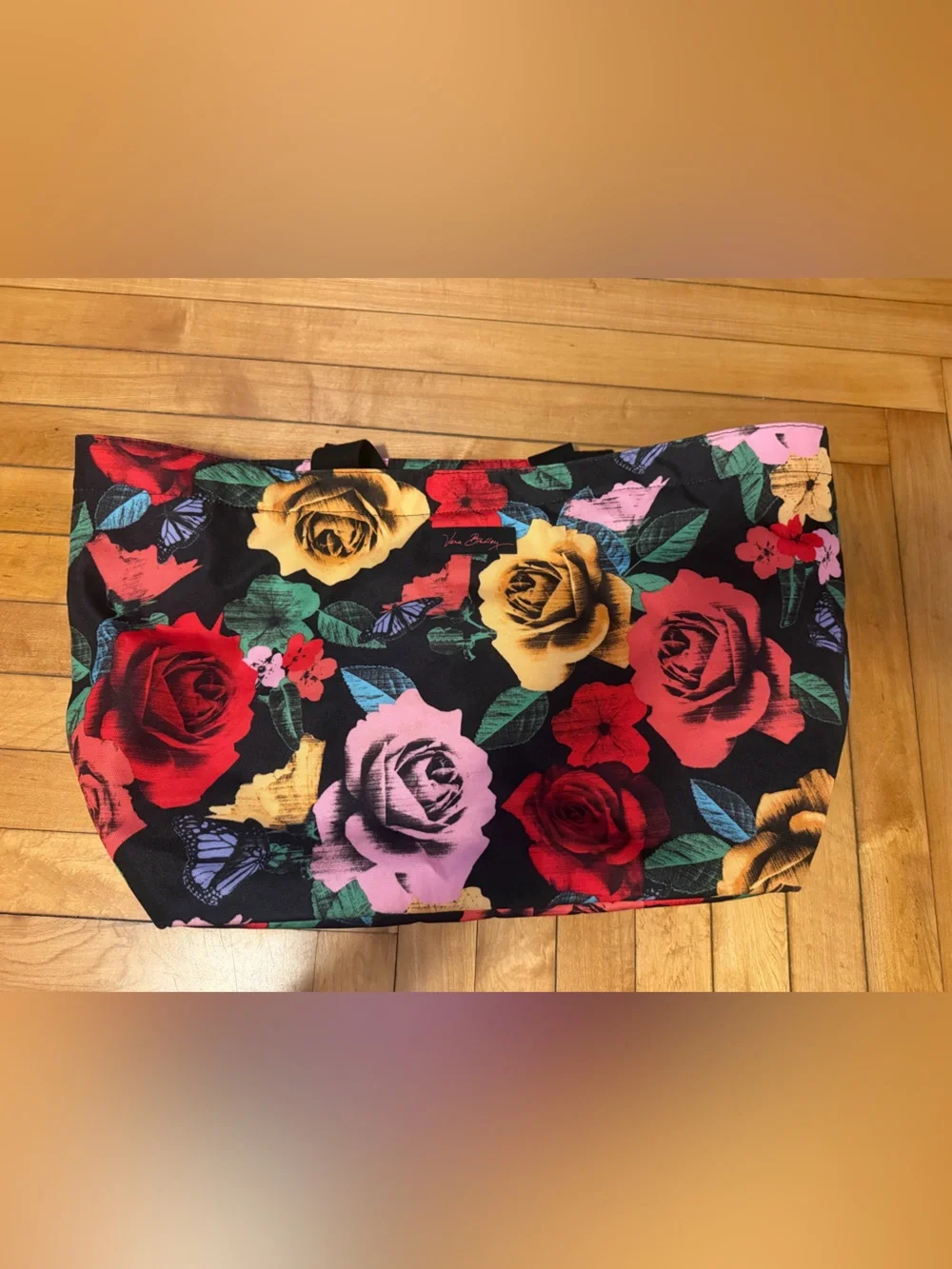 Vera Bradley Floral Tote Bag - Black with Red, Pink, Yellow & Green Accents